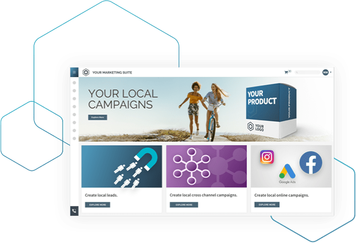 Eine Webseite, die die Marketing Suite von MEHRKANAL und verschiedene Handlungsfelder anzeigt