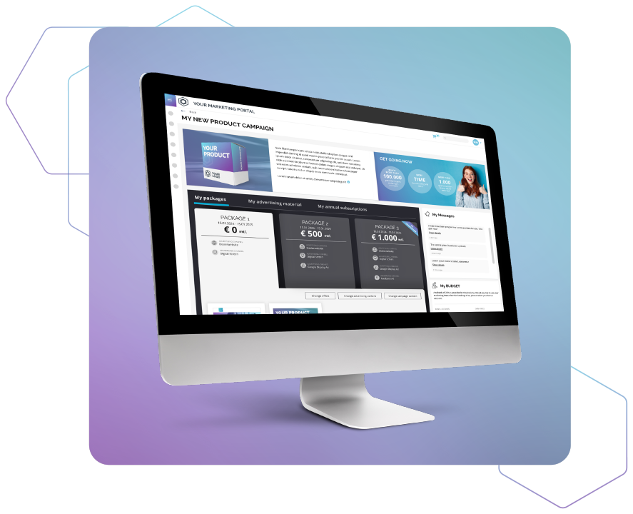 Ein Monitor, der das Marketing Portal von MEHRKANAL und verschiedene Handlungsfelder zeigt