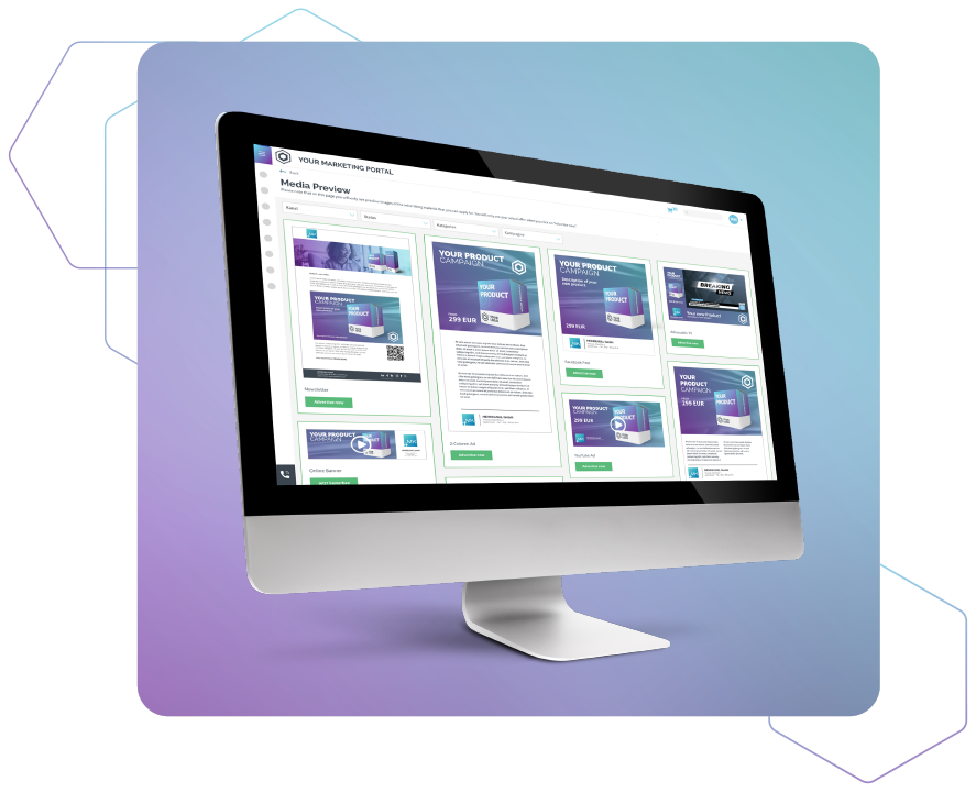 Ein Monitor, der das Marketing Portal von MEHRKANAL und verschiedene Handlungsfelder zeigt