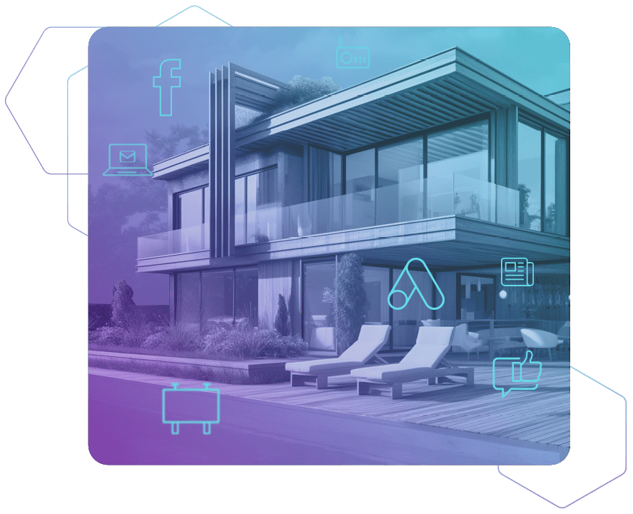 Ein sehr modernes Haus auf blauem Hintergrund umgeben von Icons als Symbole für Social Media und Werbung